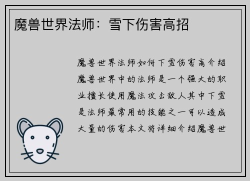 魔兽世界法师：雪下伤害高招